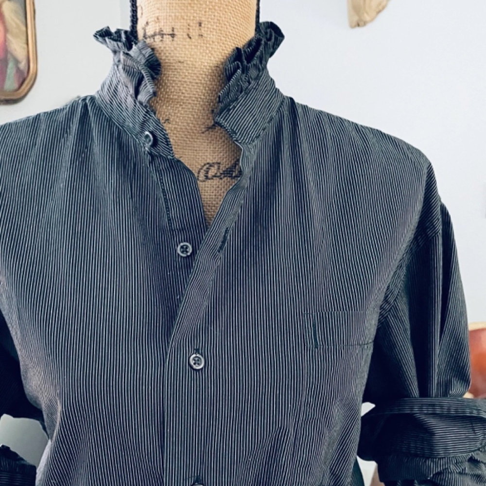 Mens Reworked Black and White Striped Ruffle Collar Long Sleeve